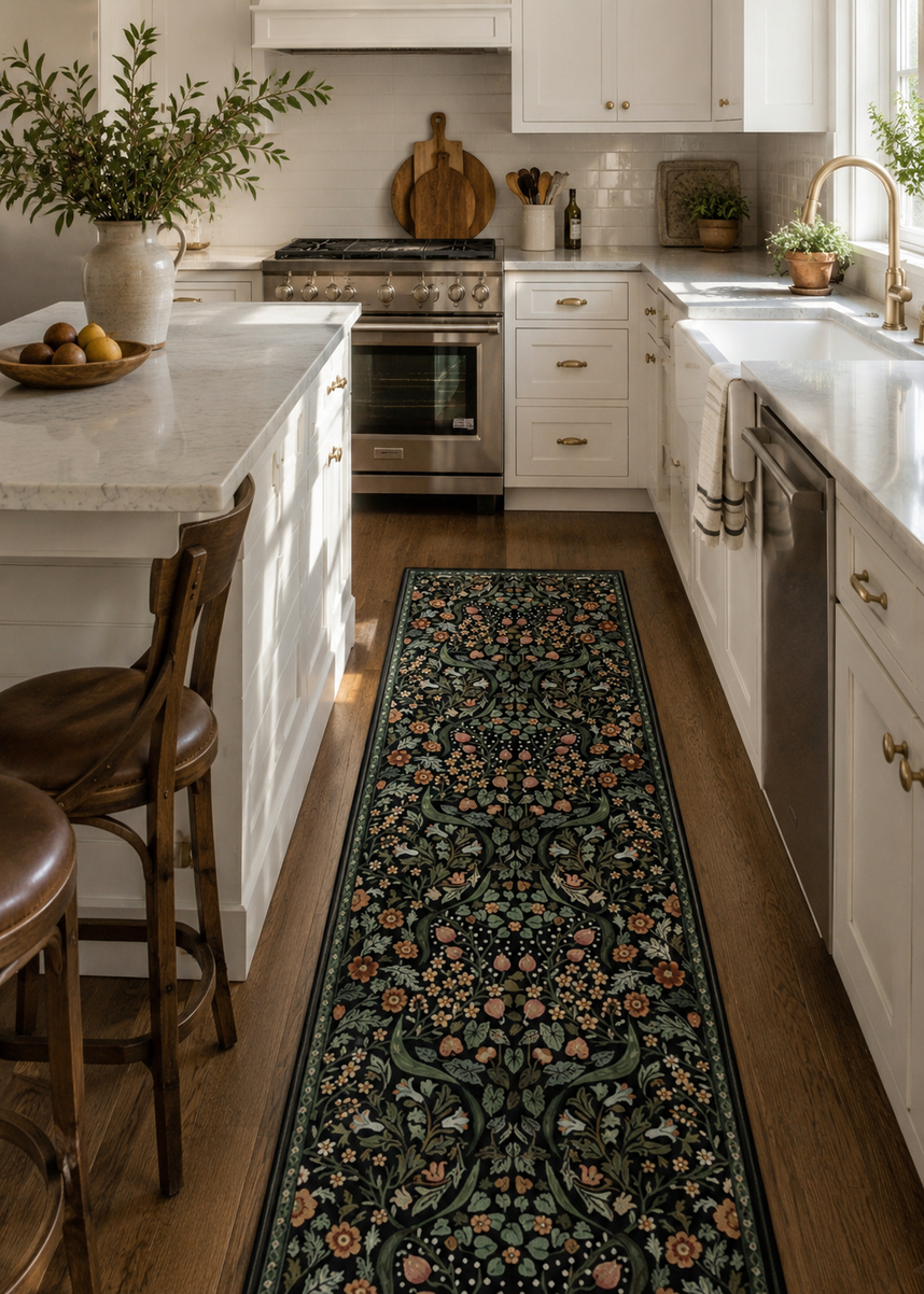 Black floral kitchen runner rug in a white farmhouse kitchen