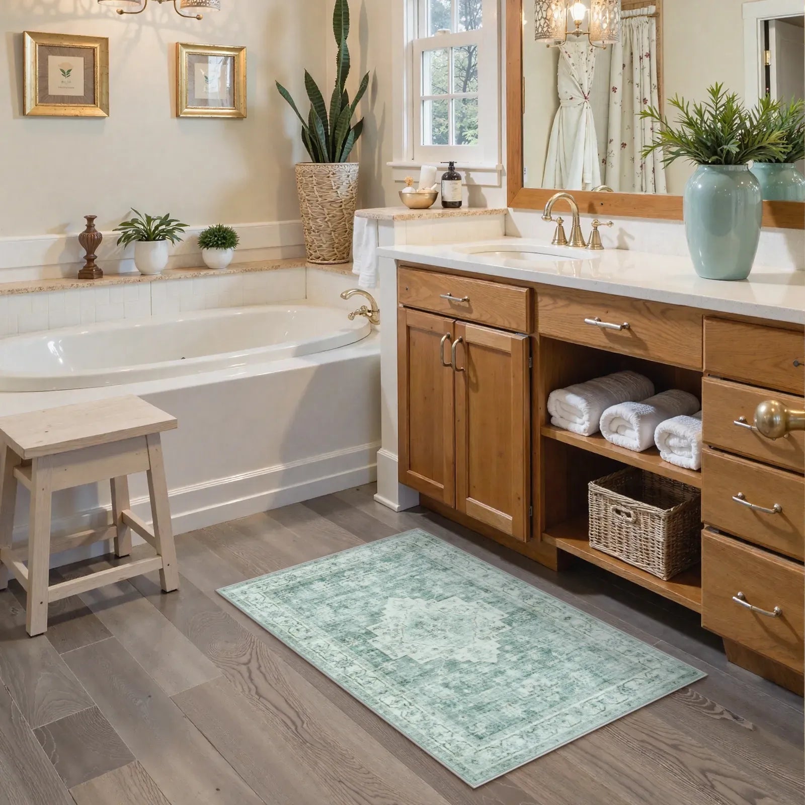 Cozy bathroom with a stylish washable bathroom rug, wooden vanity, and elegant decor for a comfortable, functional space.