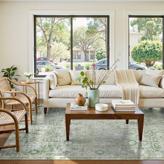 Distressed green traditional rug in a modern living room with large windows