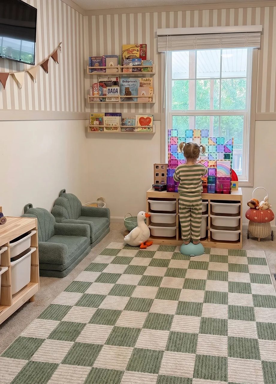 Kids playroom with green checkerboard rug and toy storage