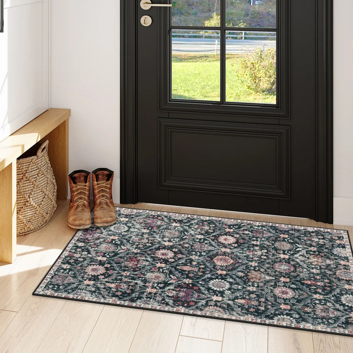 Elise Ultra-thin Transitional Vintage Floral Moroccan Trellis Black Rug