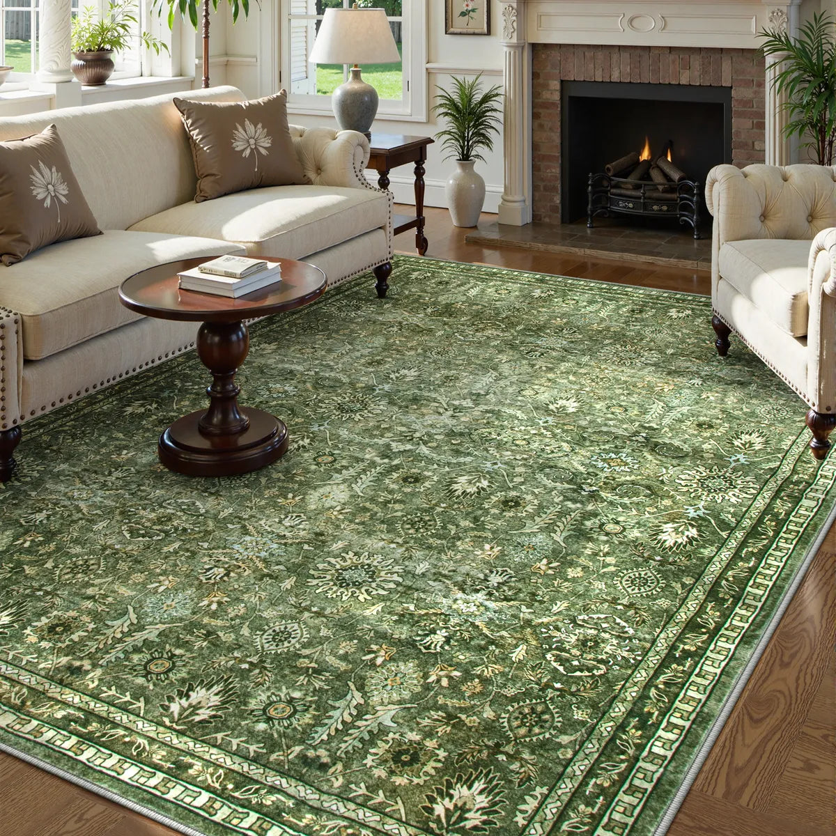 Mirae Washable Vintage Persian Moss Green Rug Area Rugs Lahome 9' x 12'