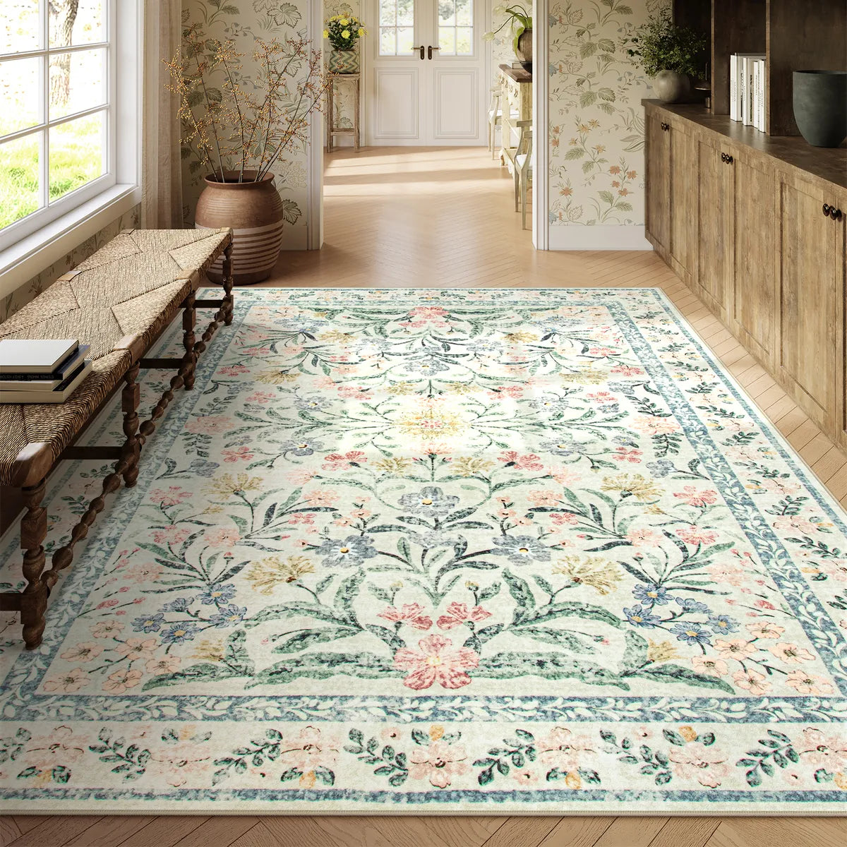 Sylvie Washable Boho Modern Parisian Garden Floral Beige Rug Area Rugs Lahome