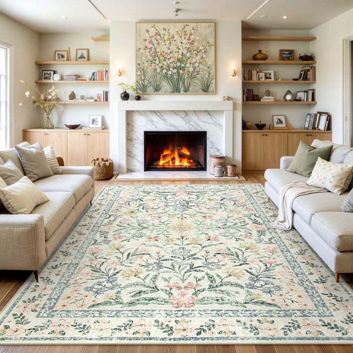 Sylvie Washable Boho Modern Parisian Garden Floral Beige Rug Area Rugs Lahome 10' x 14'