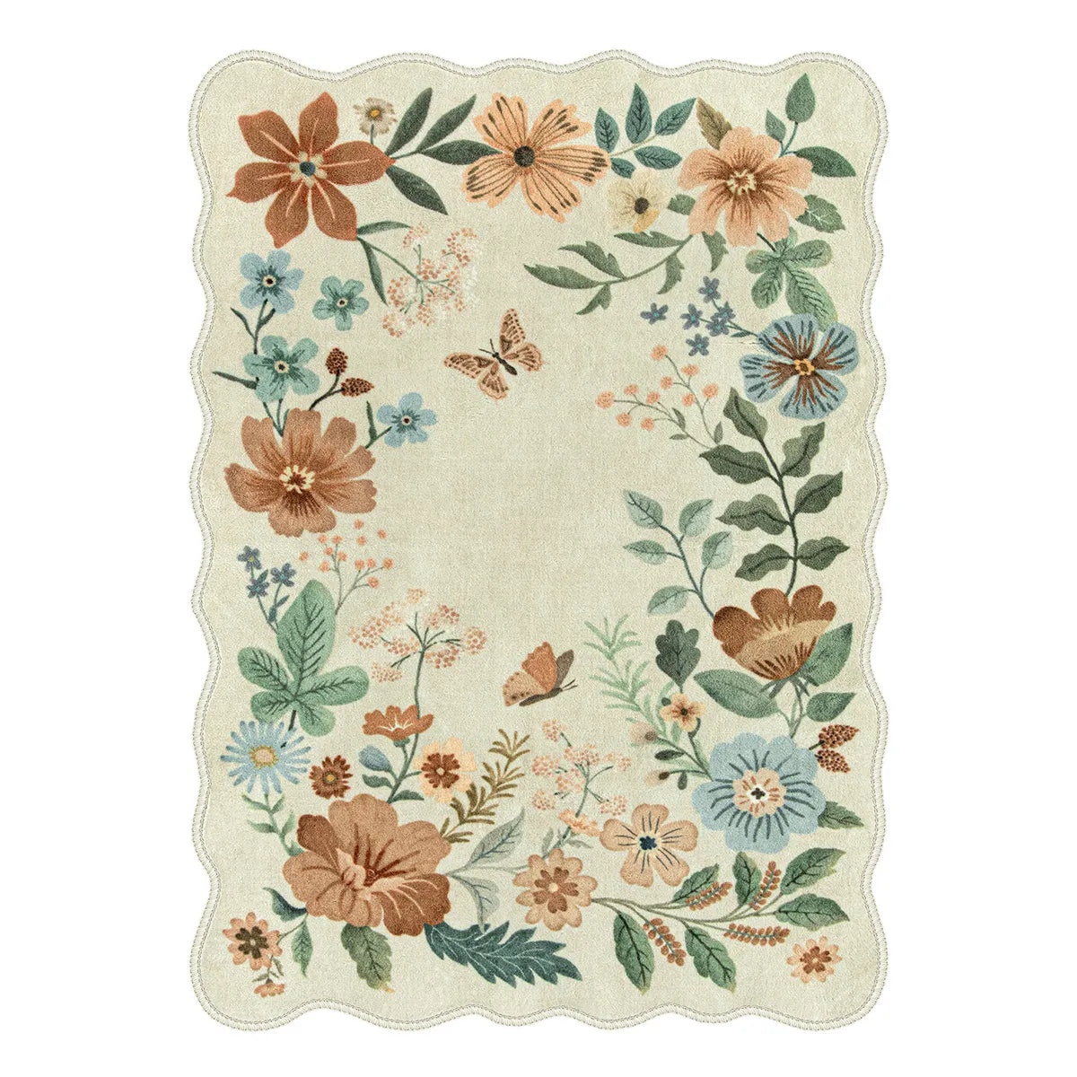 Washable Beige Floral Scalloped Rug | Flore Boho Style - Lahome