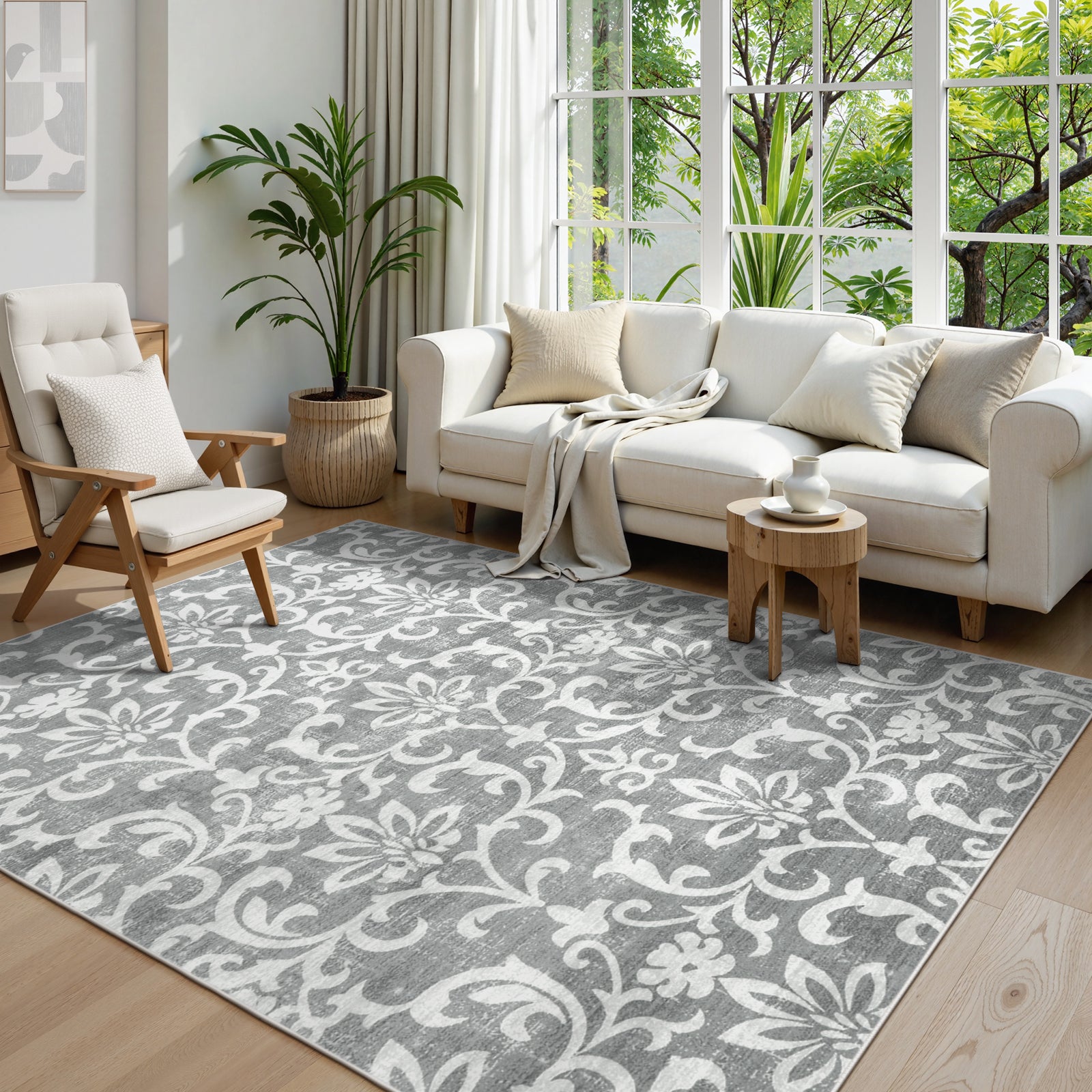 Lahome Decor Washable Rug for Bedroom, Vintage Area Rug for Dorm Room, Indoor Soft Distressed Floral Throw Rugs Non-Slip Backing for Entryway Farmhouse Kitchen Kids Playroom Walmart Walmart 5' x 7' Lahome Decor-Light Grey