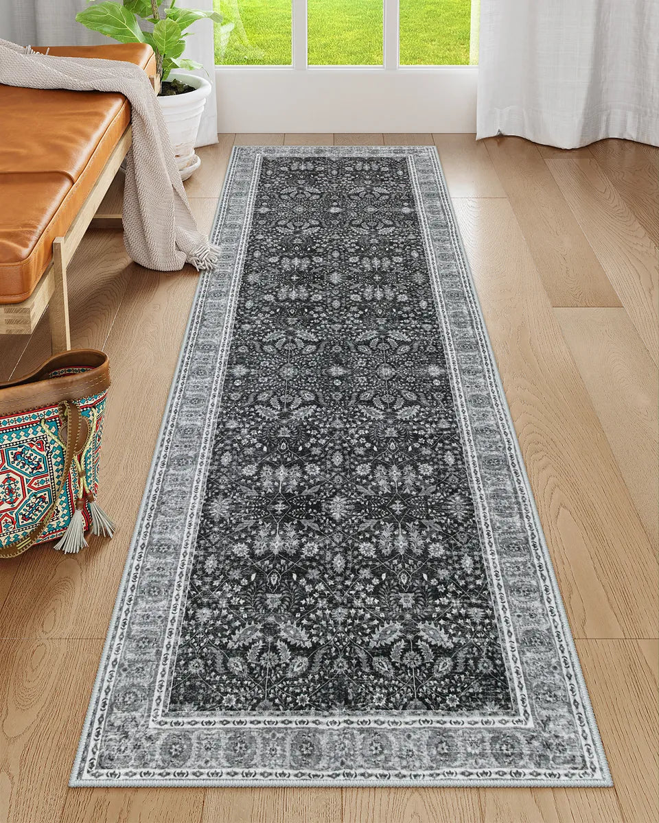 Odette Washable Boho Vintage Border Floral Grey Runner Rug Clearance Rugs Lahome