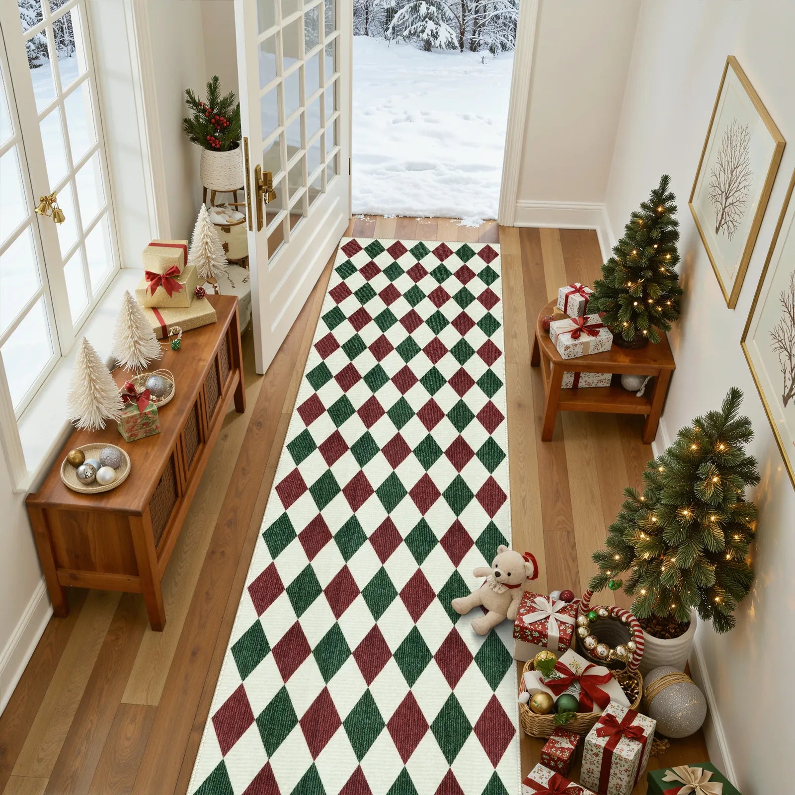 Celian Christmas Washable Diamond Checkered Red & Green Rug Runner Rugs Lahome