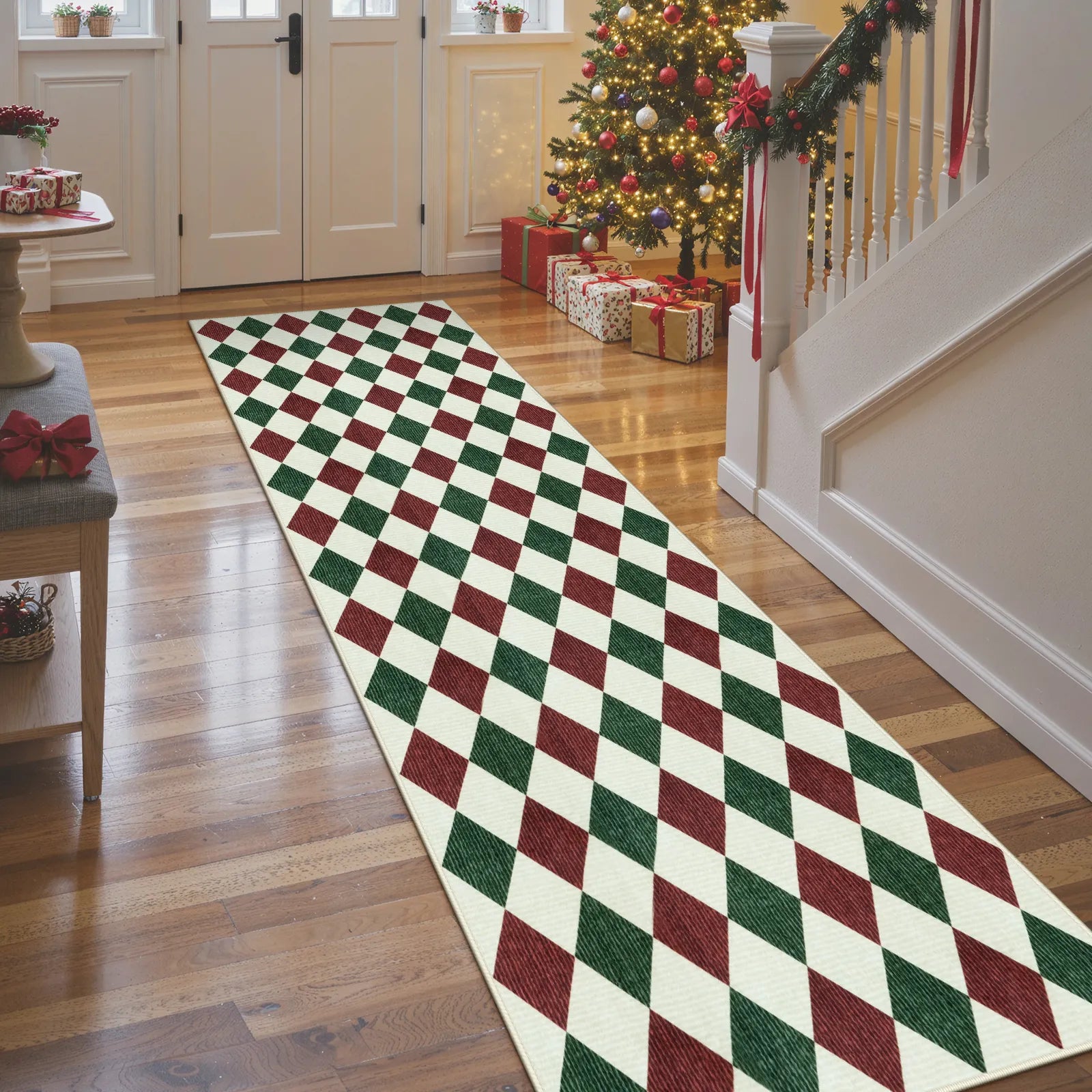 Celian Christmas Washable Diamond Checkered Red & Green Rug Runner Rugs Lahome