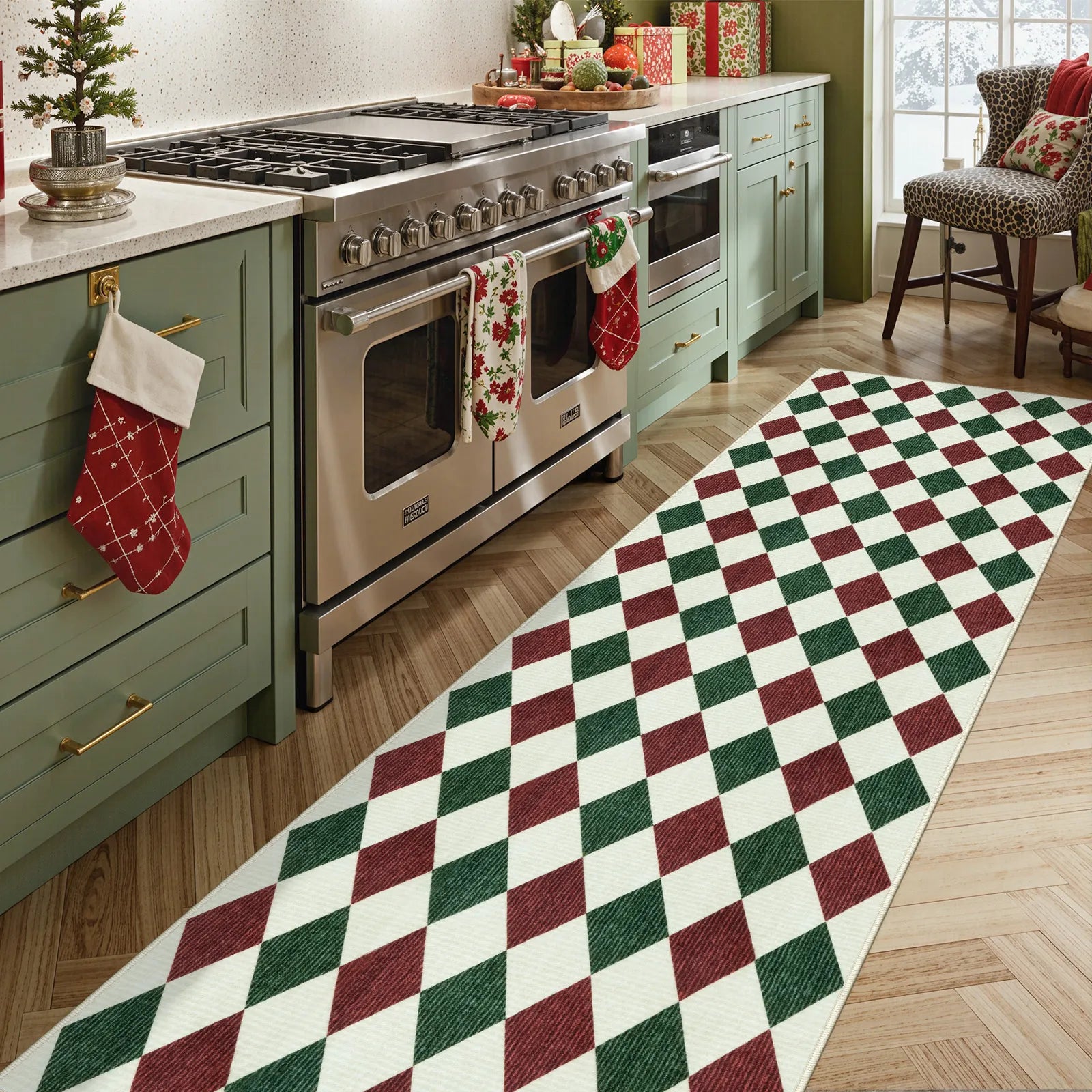 Celian Christmas Washable Diamond Checkered Red & Green Rug Runner Rugs Lahome 2.5' x 8'