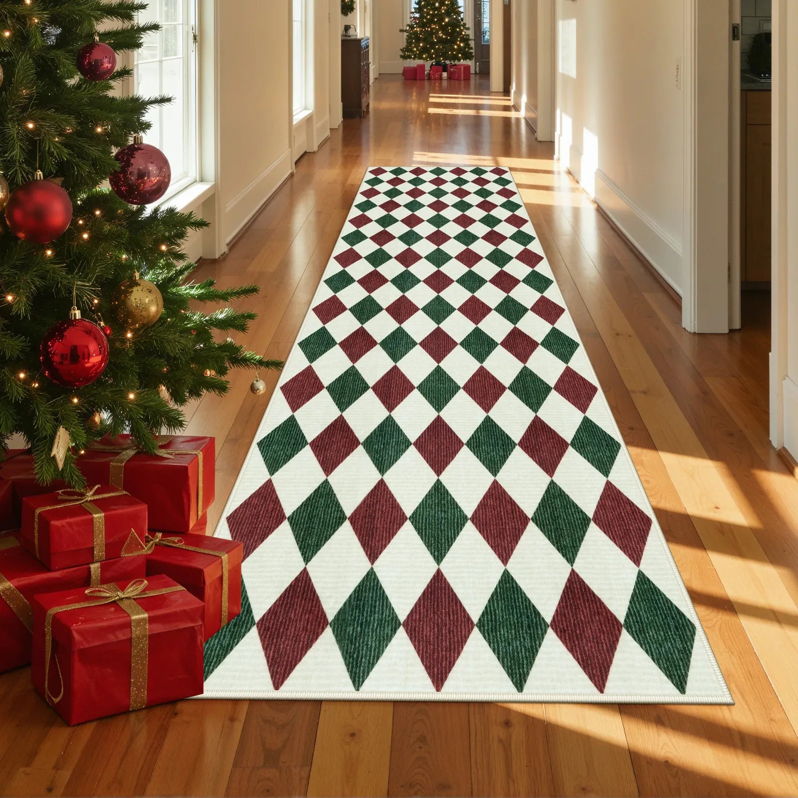 Celian Christmas Washable Diamond Checkered Red & Green Rug Runner Rugs Lahome