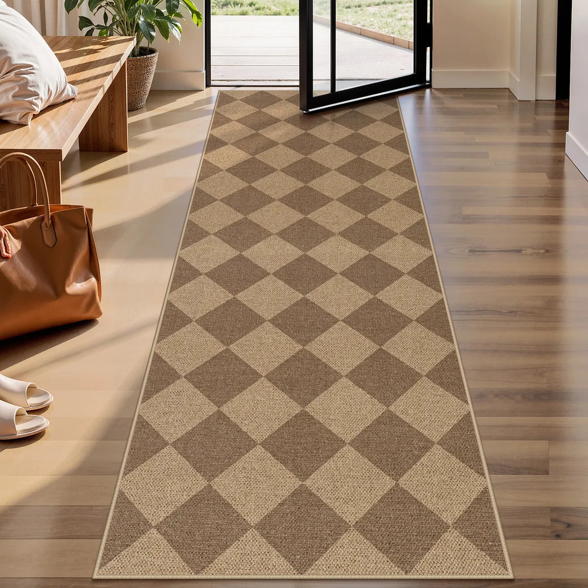 Coline Washable Geometric Checkered Easy Jute Khaki Indoor/Outdoor Rug Easy Jute Area Rug Lahome 2'5" x 8'