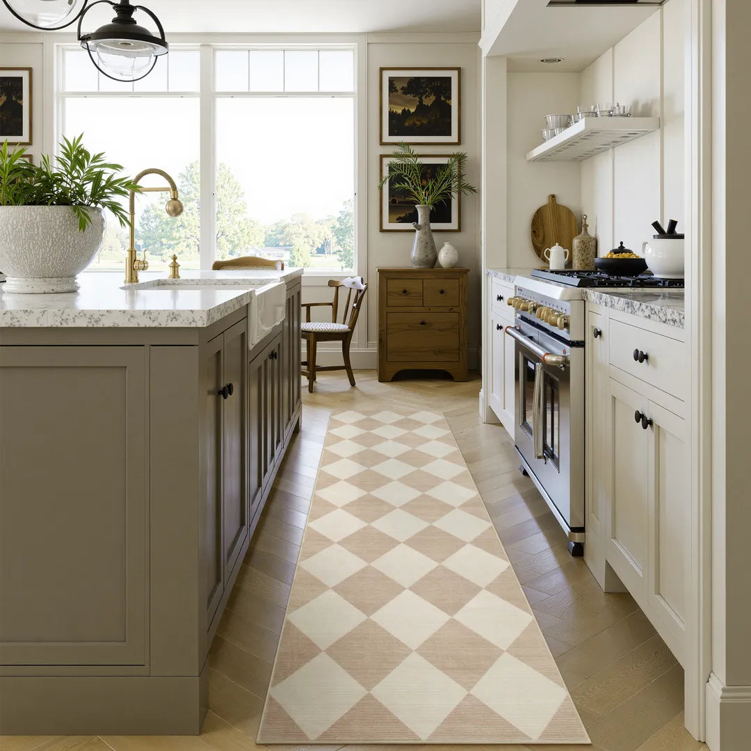 Washable Beige Geometric Checkered Rug | Varell Modern Style - Lahome