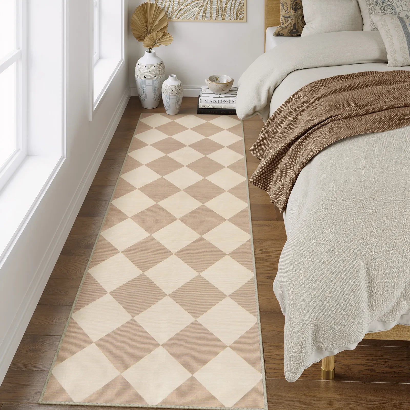 Varell Washable Modern Geometric Checkered Beige Rug Rugs Lahome