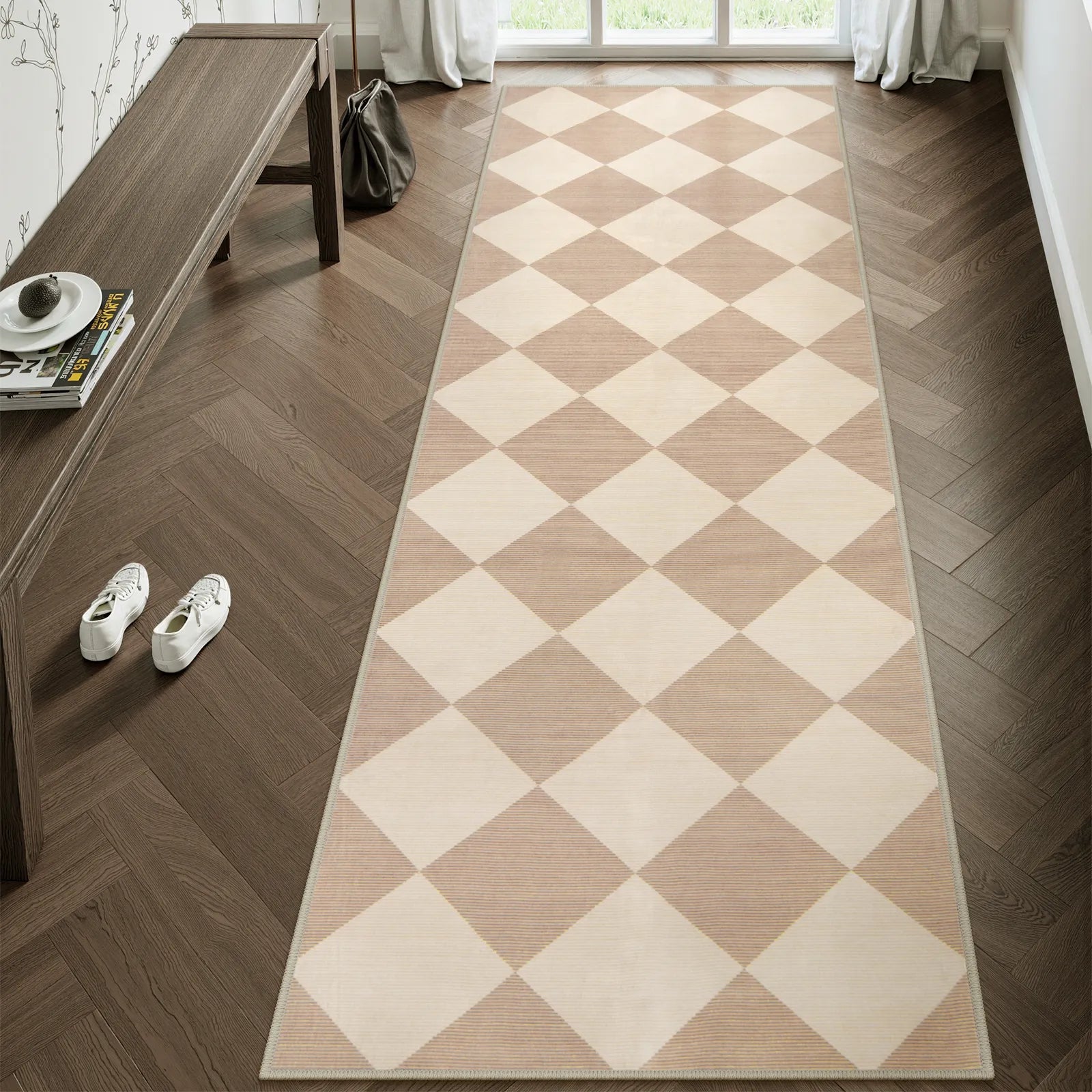 Varell Washable Modern Geometric Checkered Beige Rug Rugs Lahome 2.5' x 8'