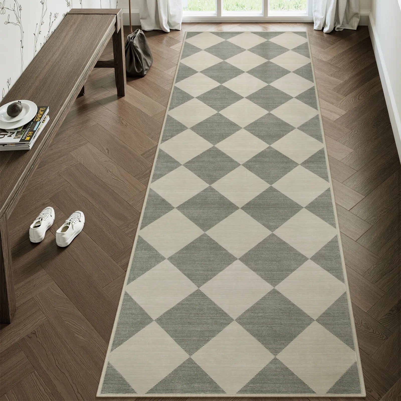Varell Washable Modern Geometric Checkered Green Rug Rugs Lahome