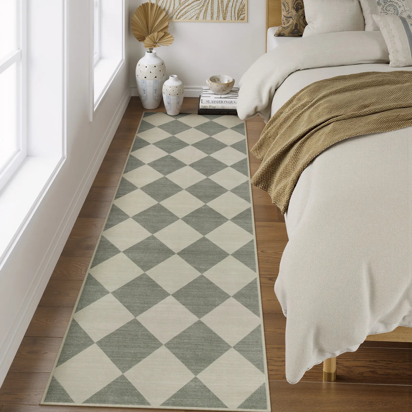 Varell Washable Modern Geometric Checkered Green Rug Rugs Lahome