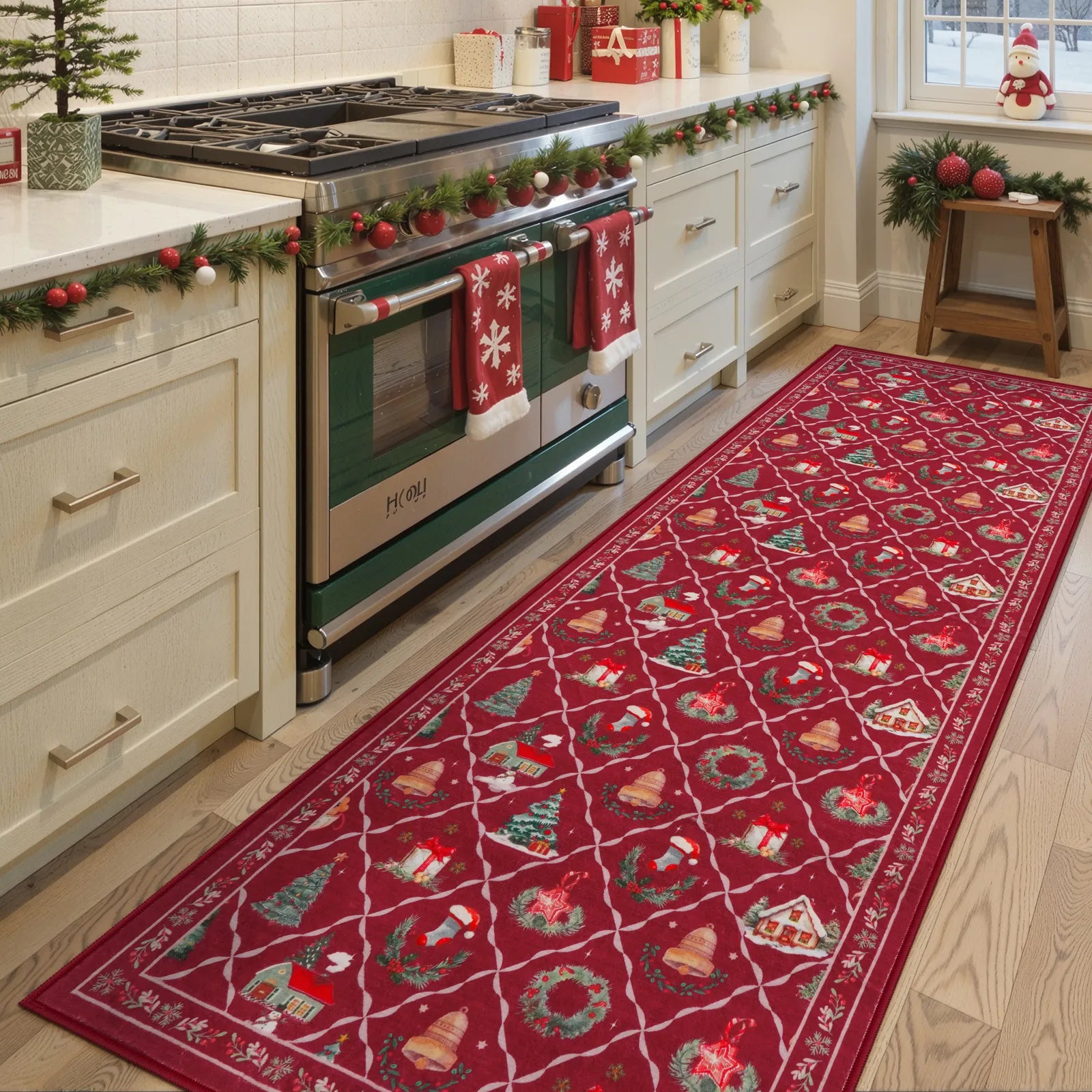 Ondule Christmas Washable Wreath Tree Plaid Ivory Red Rug Area Rugs Lahome