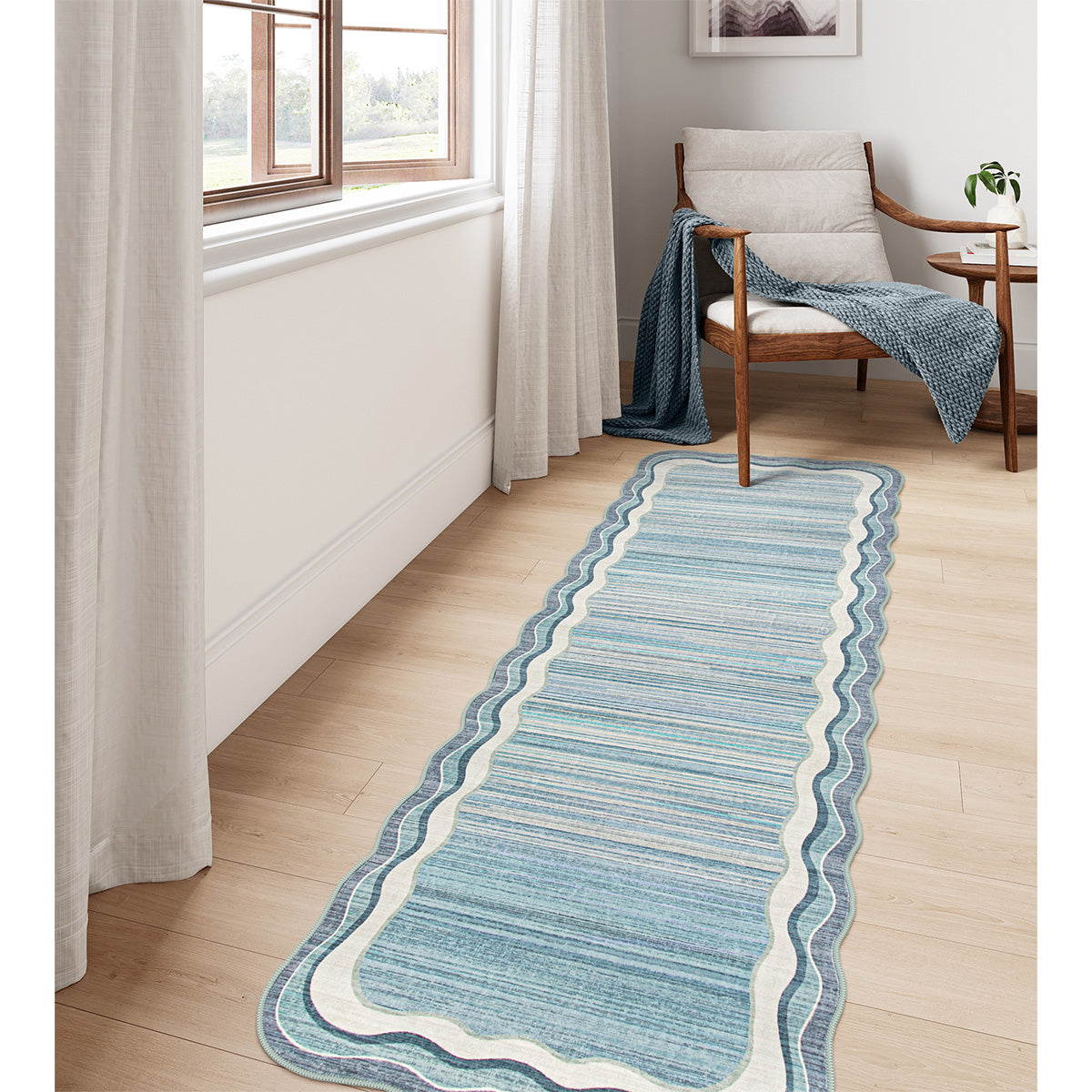 Washable Blue Scalloped Rug | Estelle Abstract Style - Lahome