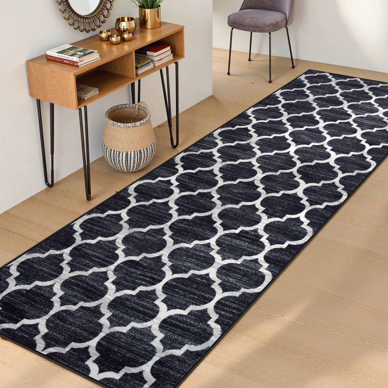 Meline Washable Classic Moroccan Trellis Black Rug Area Rugs Lahome 2'6" x 8'