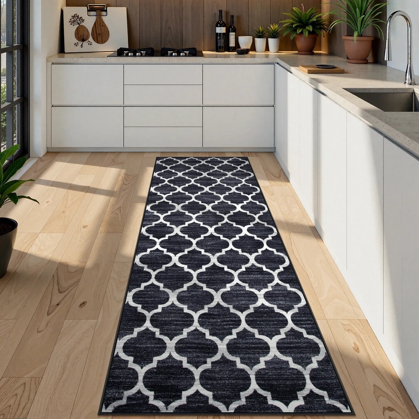 Meline Washable Classic Moroccan Trellis Black Rug Area Rugs Lahome 2' x 6'