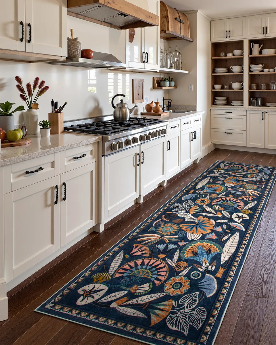 Zaya Washable Egyptian-Inspired Botanical Navy Blue Rug Rugs Lahome