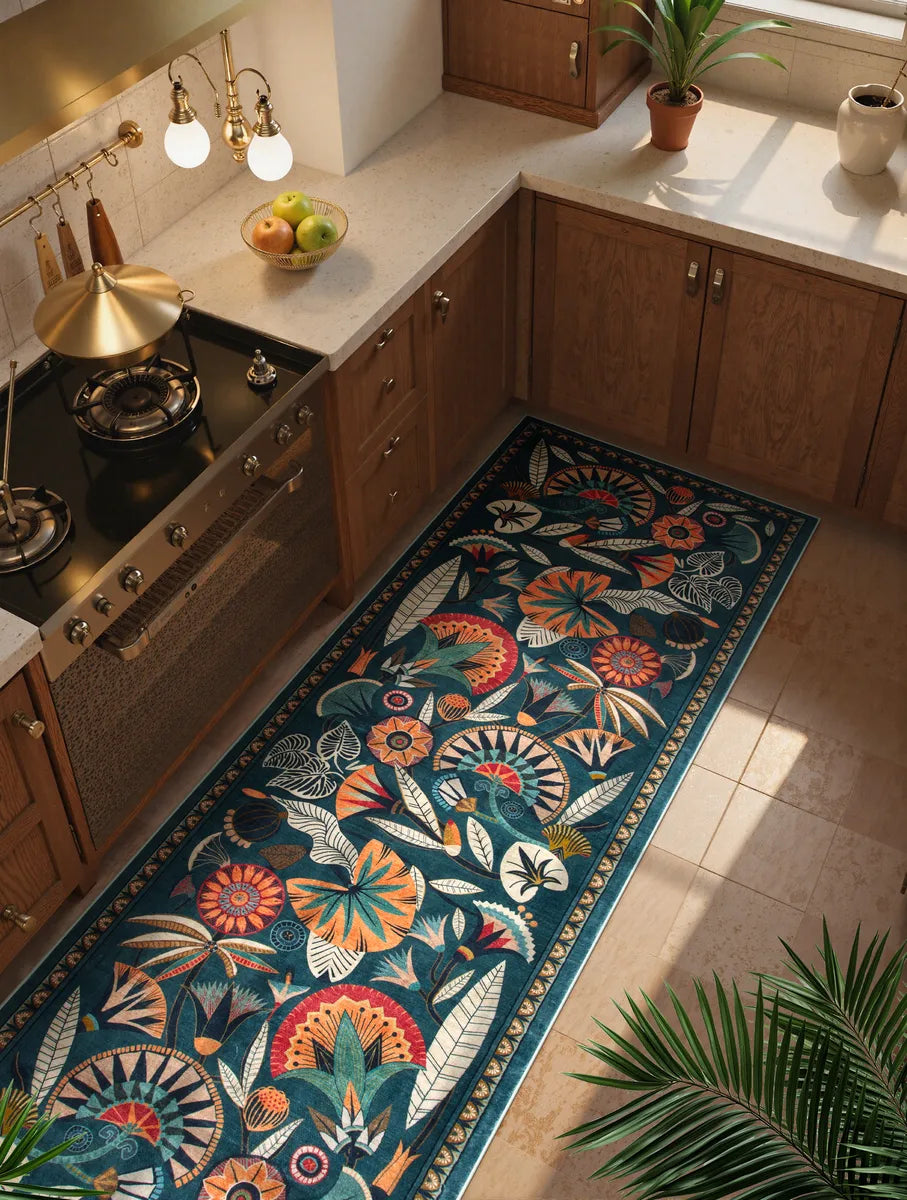 Zaya Washable Egyptian-Inspired Botanical Teal Blue Rug Rugs Lahome