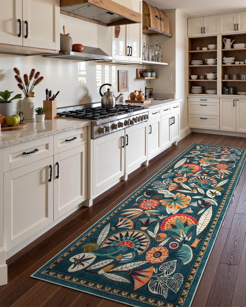 Zaya Washable Egyptian-Inspired Botanical Teal Blue Rug Rugs Lahome