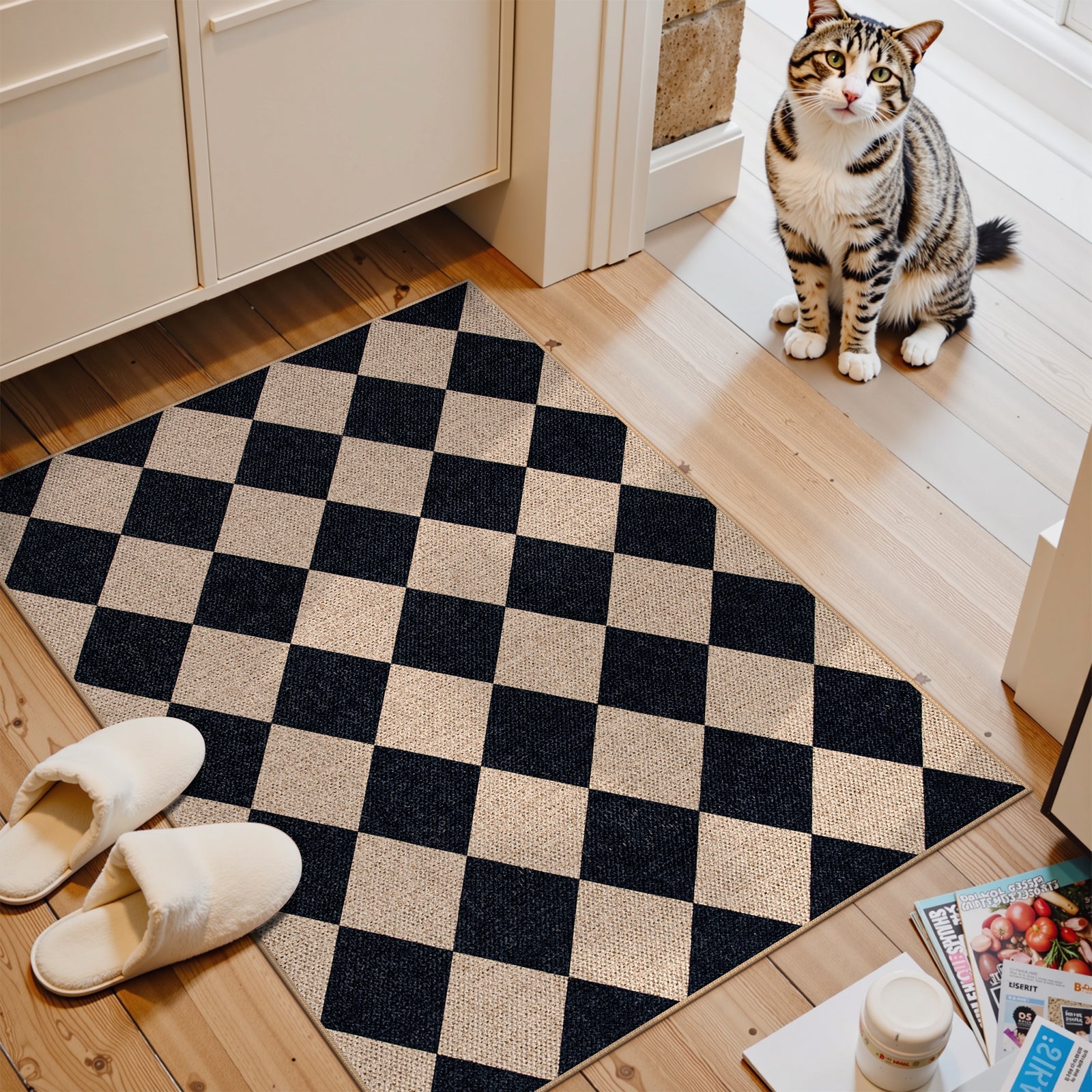 SUNDEREY Modern Geometric Area Rug,Large Washable Living Room Rug,Checkerboard Indoor Outdoor Carpet, Farmhouse Checkered Non Slip Black Carpet for Dining Room Table Apartment Walmart Walmart 2'x3' Black/ Coline