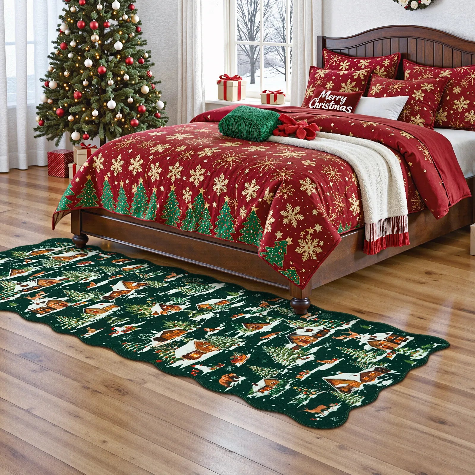 Gabriel Christmas Washable Cottage Lights Forest Animals Green Rug Area Rugs Lahome