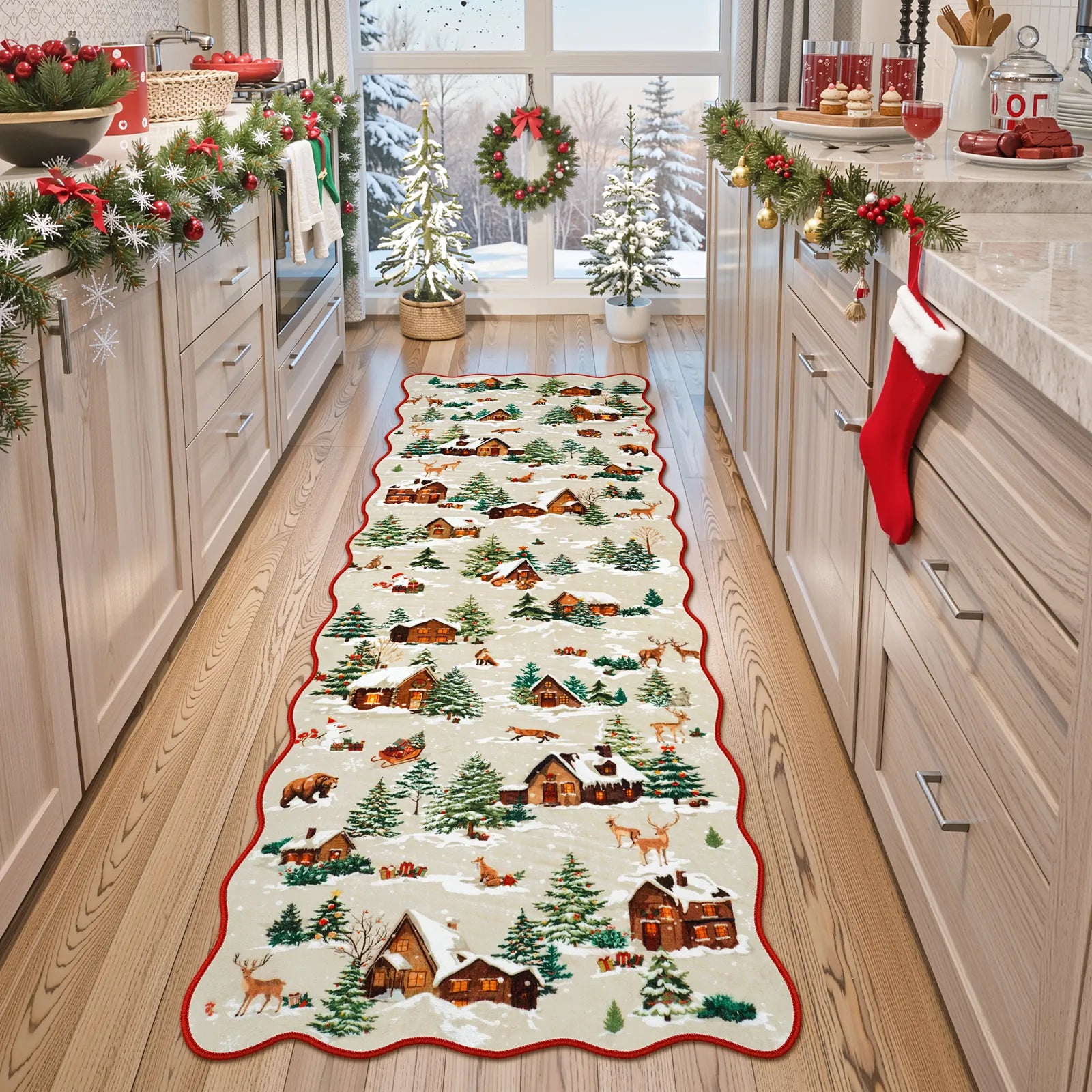 Gabriel Christmas Washable Cottage Lights Forest Animals Beige Rug Area Rugs Lahome 2' x 6'