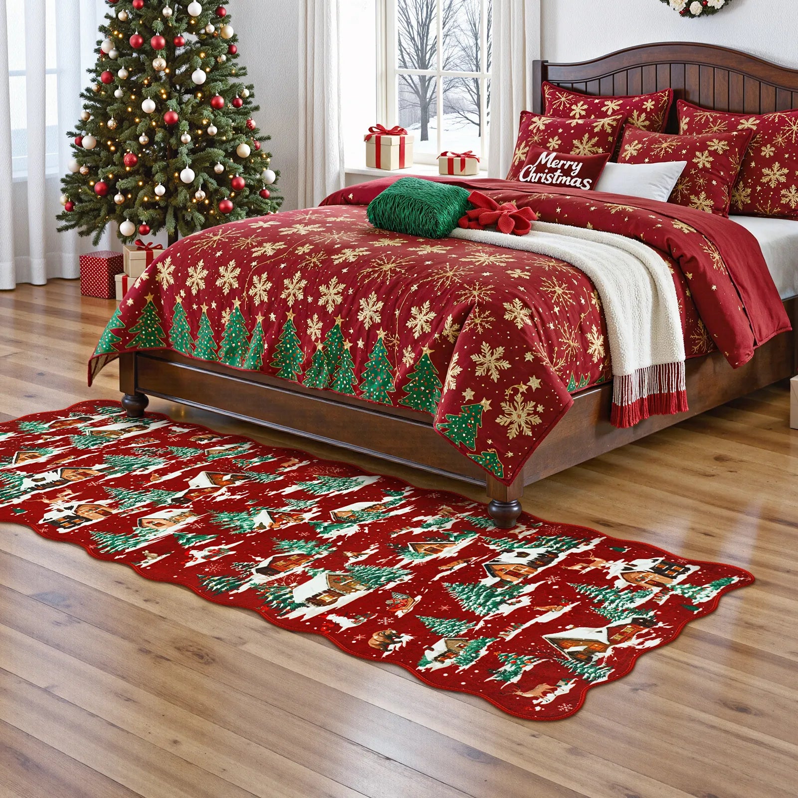 Gabriel Christmas Washable Cottage Lights Forest Animals Red Rug Area Rugs Lahome