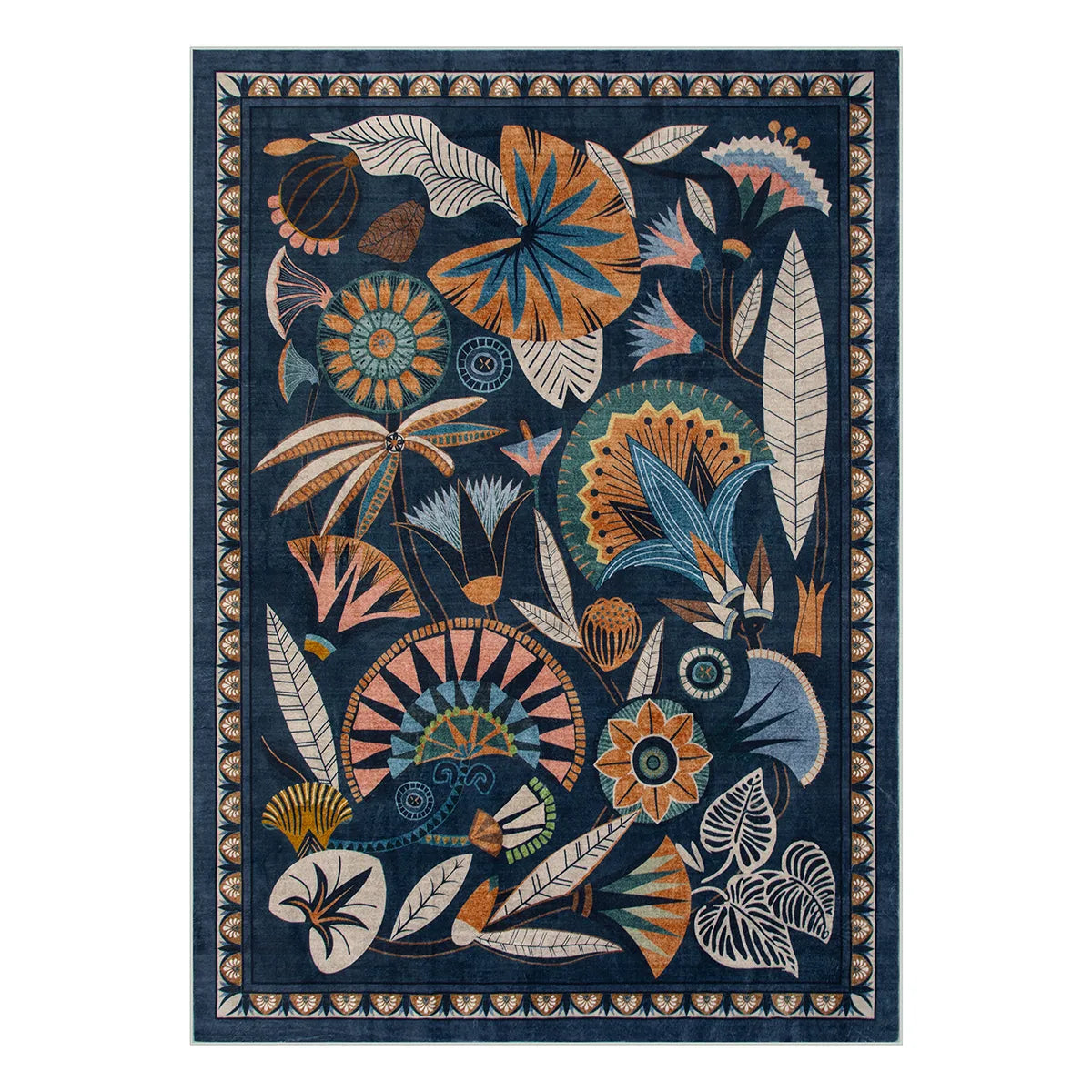 Zaya Washable Egyptian-Inspired Botanical Navy Blue Rug - Lahome