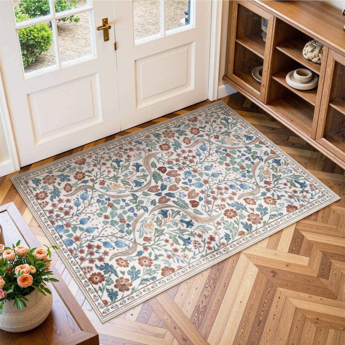 Washable Beige Floral Botanical Rug | Claude Maximalism Style - Lahome