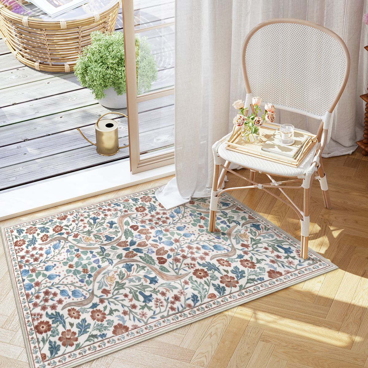 Washable Beige Floral Botanical Rug | Claude Maximalism Style - Lahome