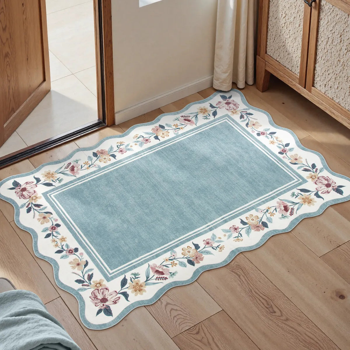 Ariele Washable Vintage Floral Scalloped Dusty Blue Rug Area Rugs Lahome 2' x 3'
