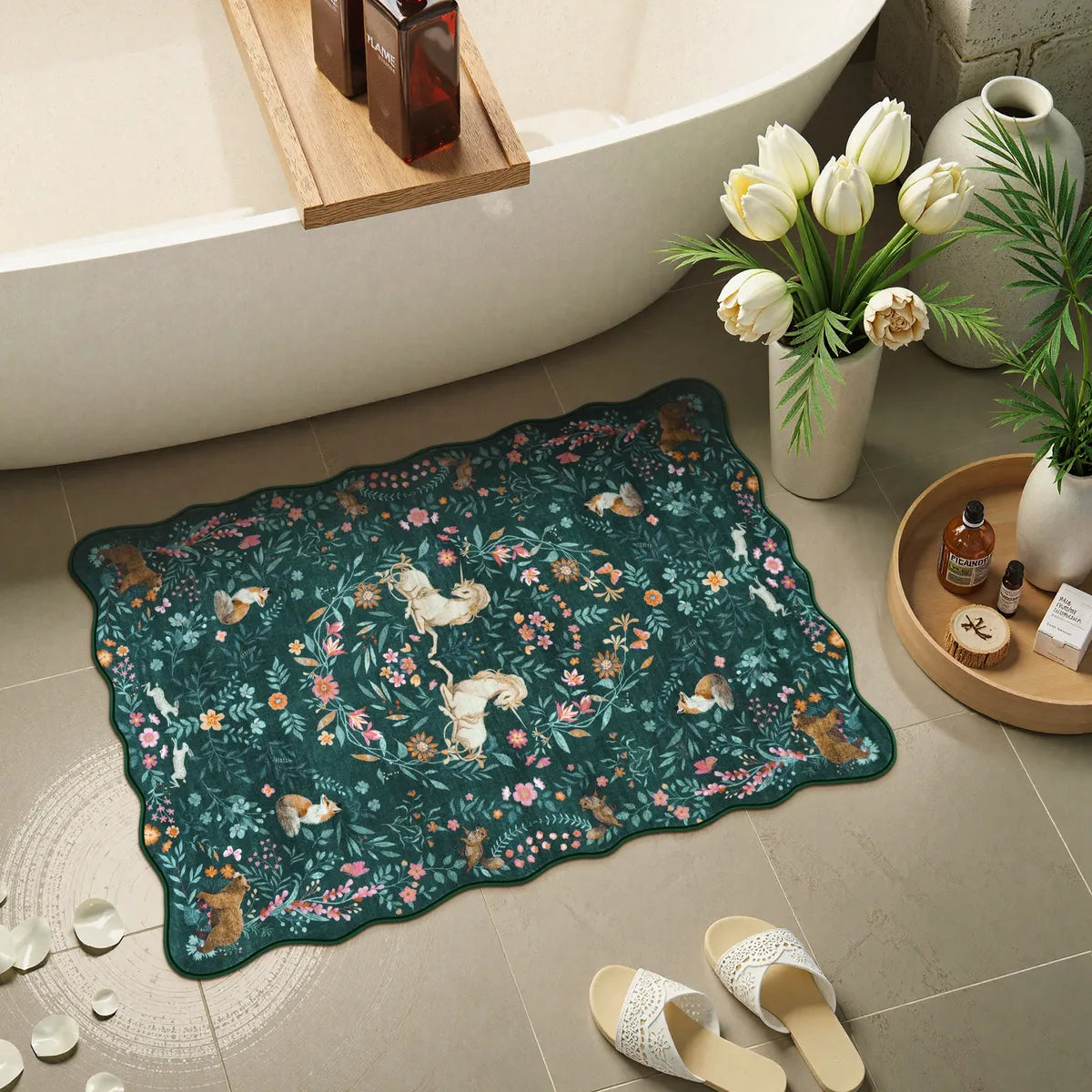 Elysia Washable Maximalist Unicorn Garden Dark Green Rug Area Rugs Lahome