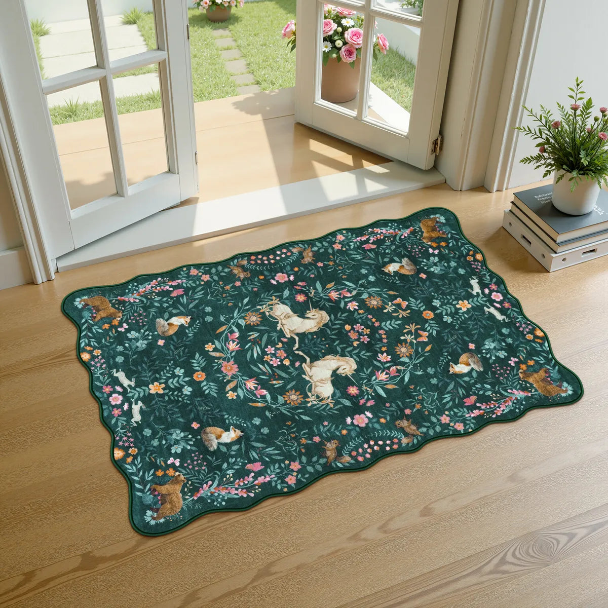Elysia Washable Maximalist Unicorn Garden Dark Green Rug Area Rugs Lahome 2' x 3'