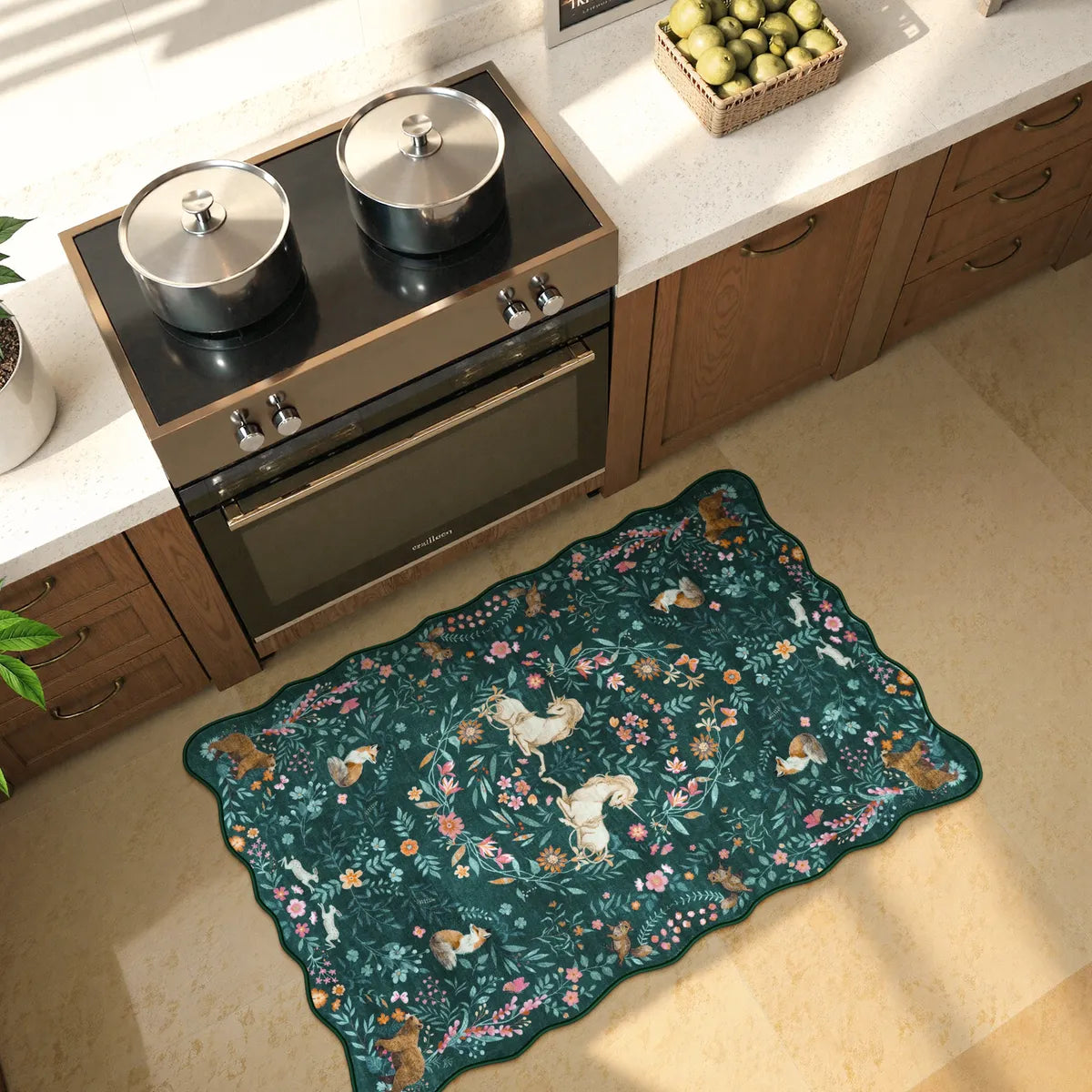 Elysia Washable Maximalist Unicorn Garden Dark Green Rug Area Rugs Lahome