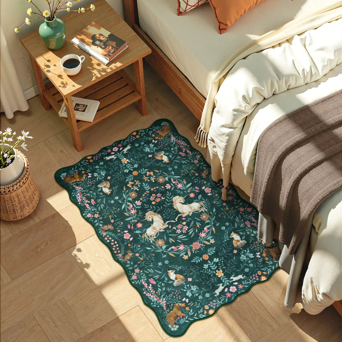 Elysia Washable Maximalist Unicorn Garden Dark Green Rug Area Rugs Lahome