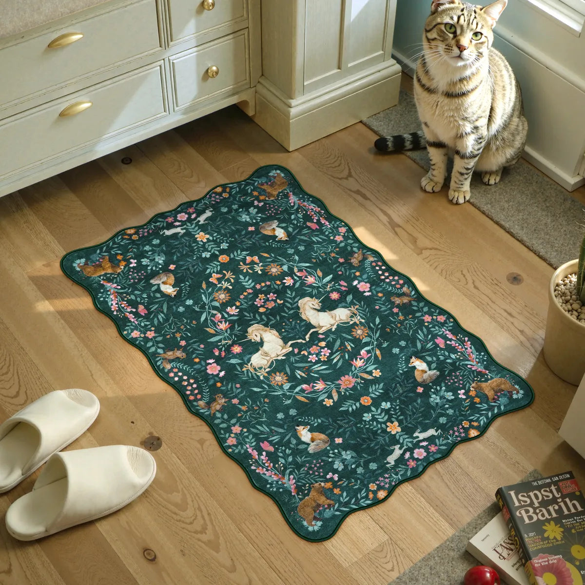 Elysia Washable Maximalist Unicorn Garden Dark Green Rug Area Rugs Lahome