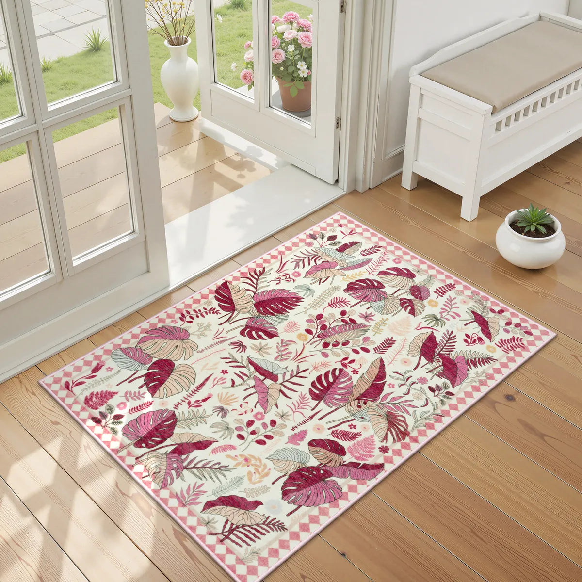 Herbier Washable Botanical Leaf Pink Rug Rugs Lahome 2' x 3'