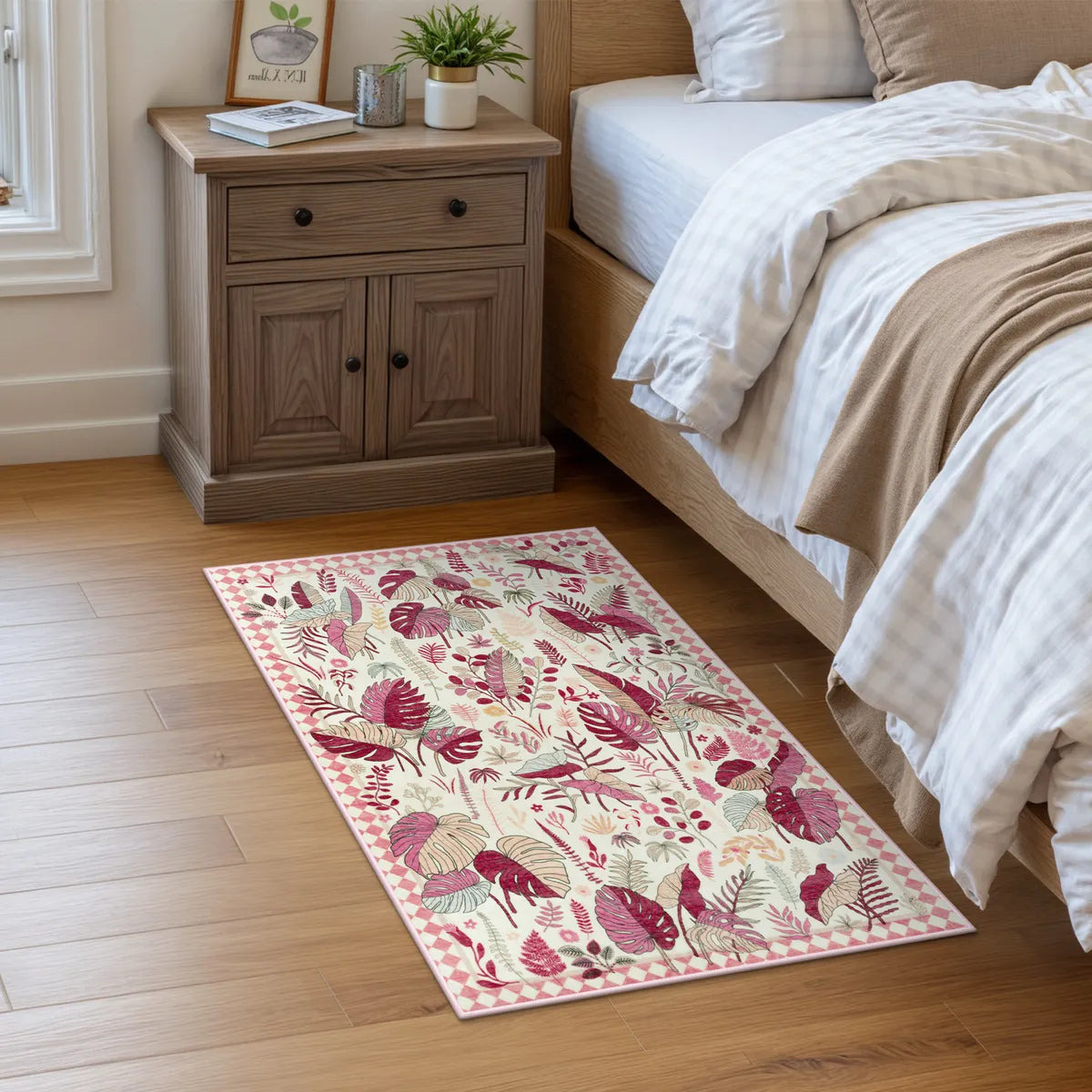 Herbier Washable Botanical Leaf Pink Rug Rugs Lahome