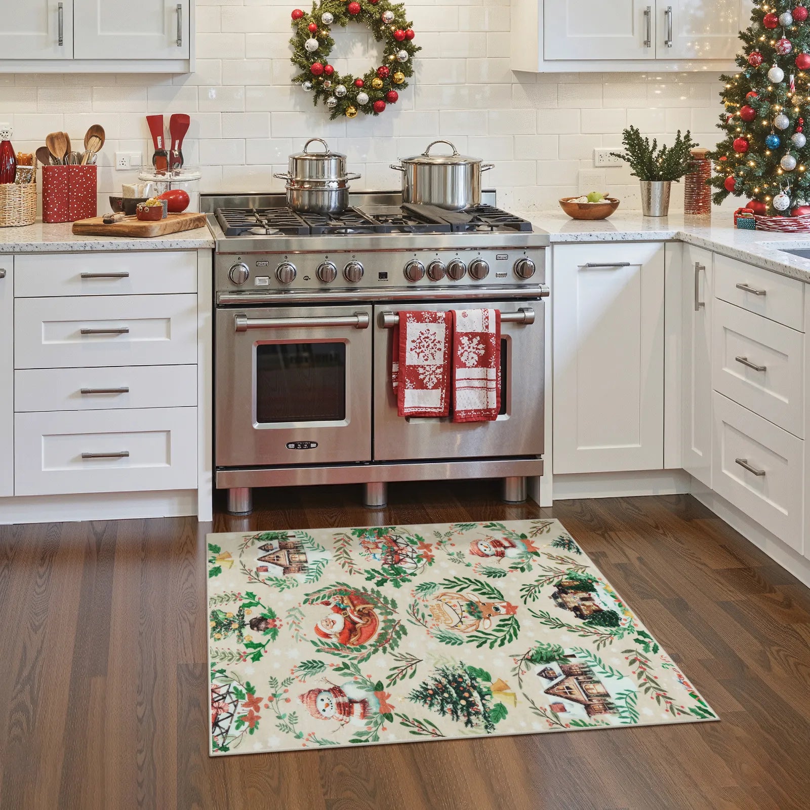 Laure Christmas Washable Garland Santa Sleigh Beige Rug Runner Rugs Lahome