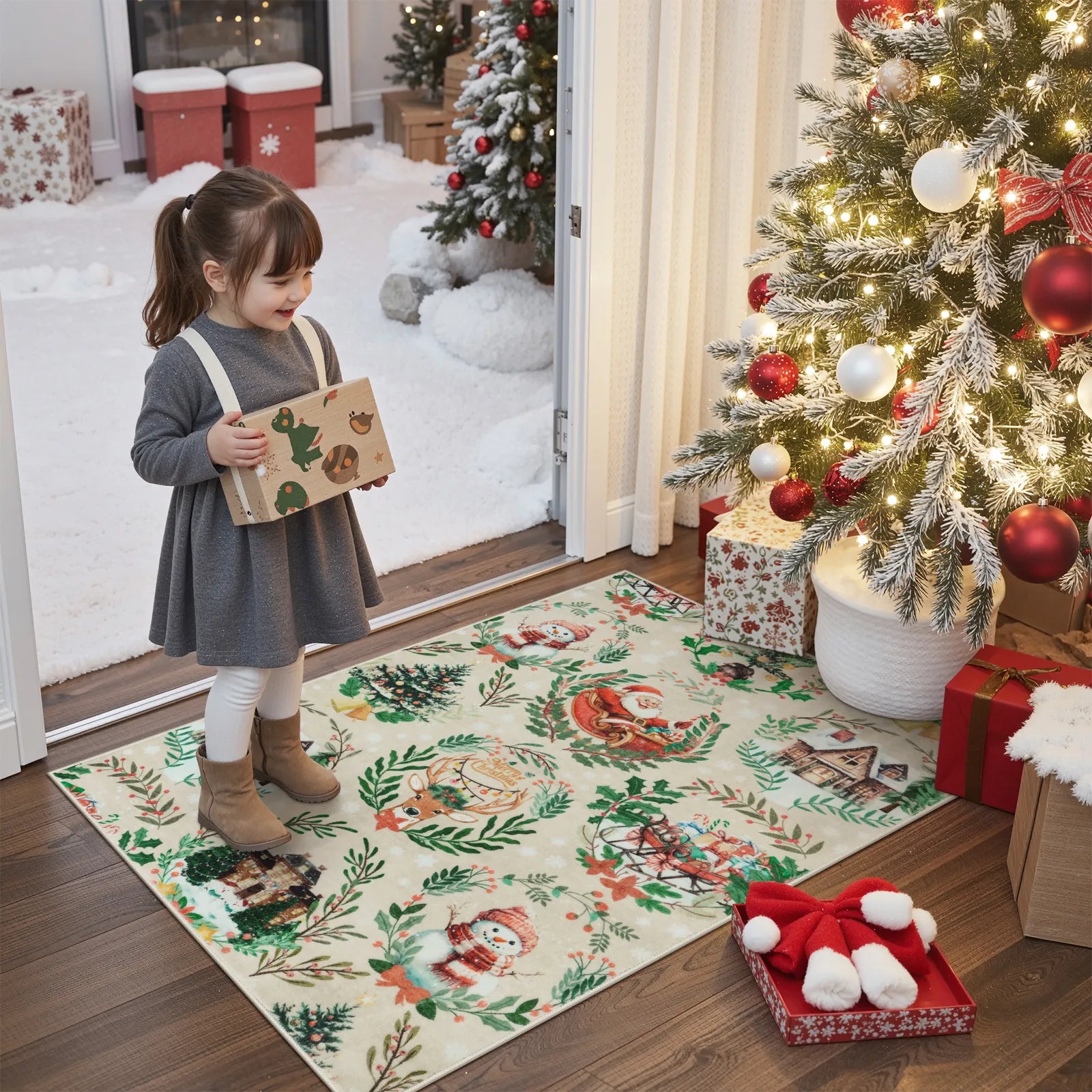 Laure Christmas Washable Garland Santa Sleigh Beige Rug Runner Rugs Lahome