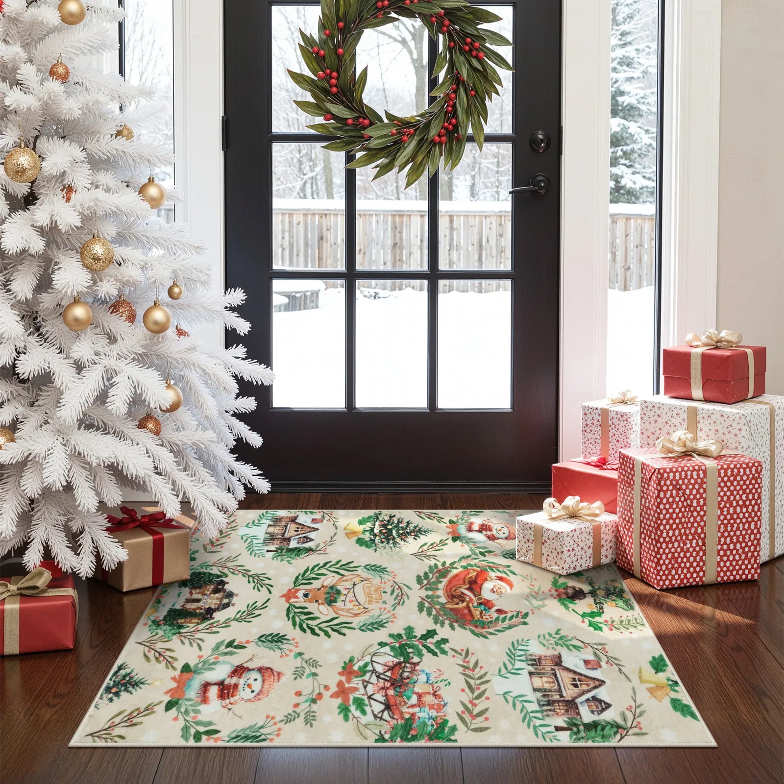 Laure Christmas Washable Garland Santa Sleigh Beige Rug Runner Rugs Lahome