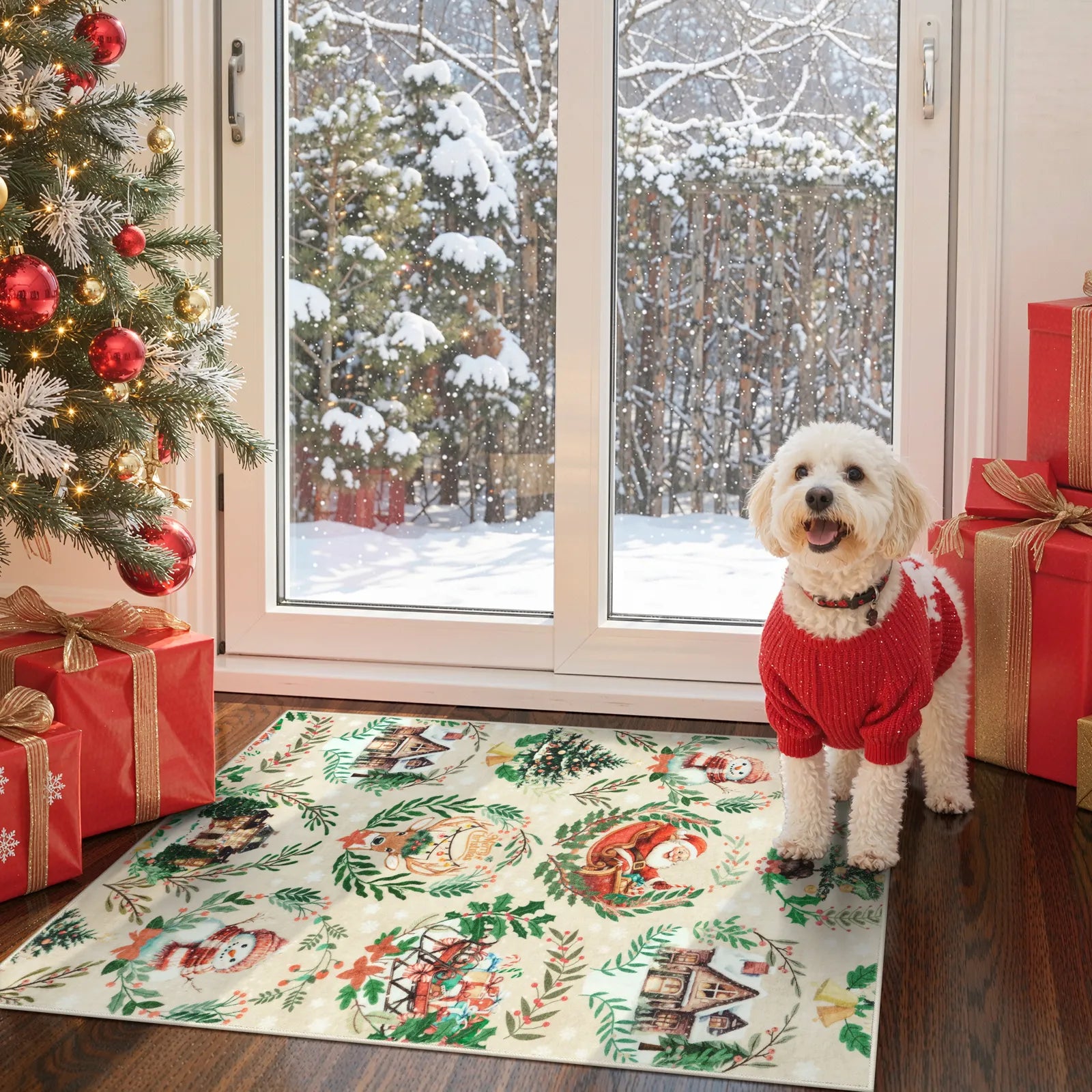 Laure Christmas Washable Garland Santa Sleigh Beige Rug Runner Rugs Lahome 2' x 3'