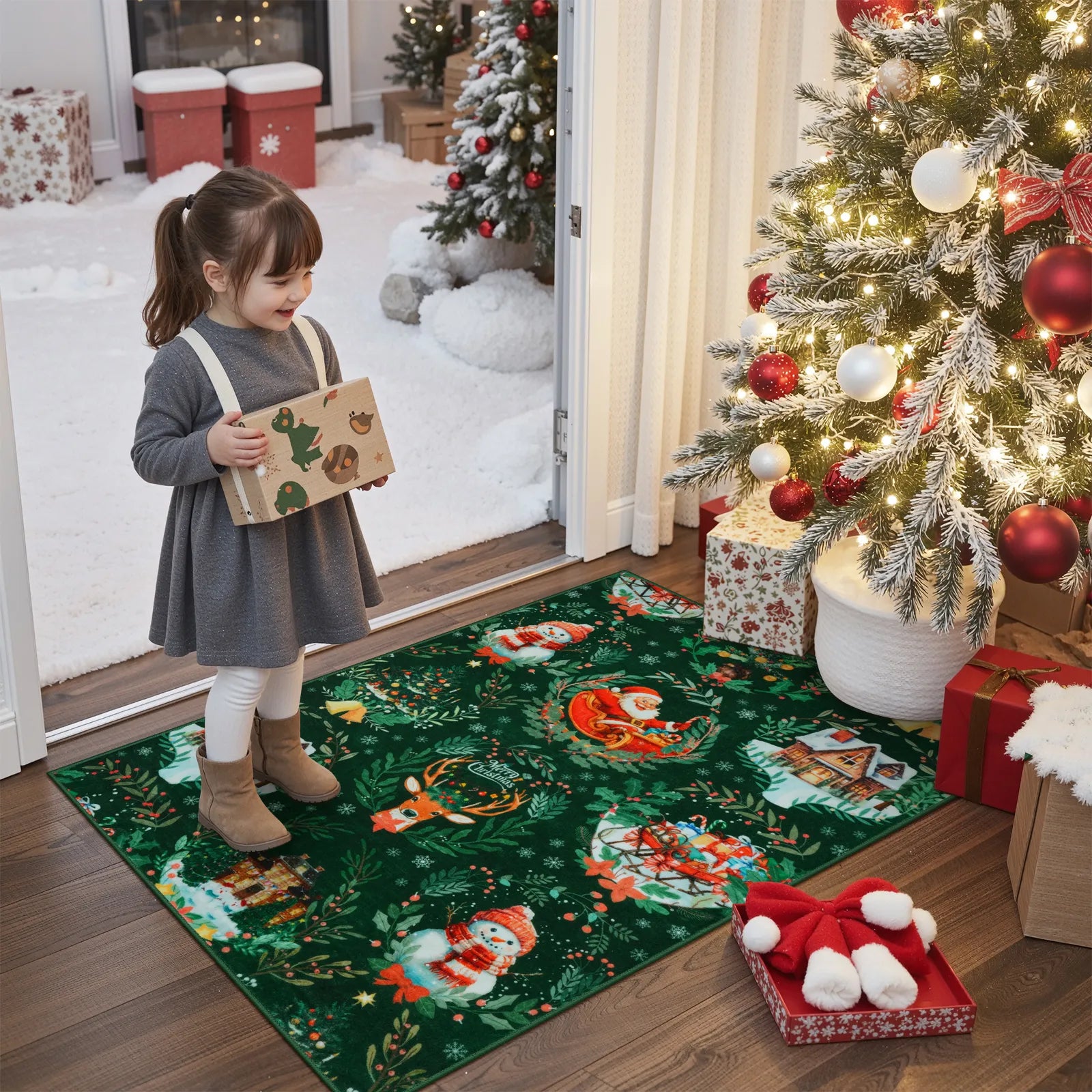 Laure Christmas Washable Garland Santa Sleigh Green Rug Runner Rugs Lahome