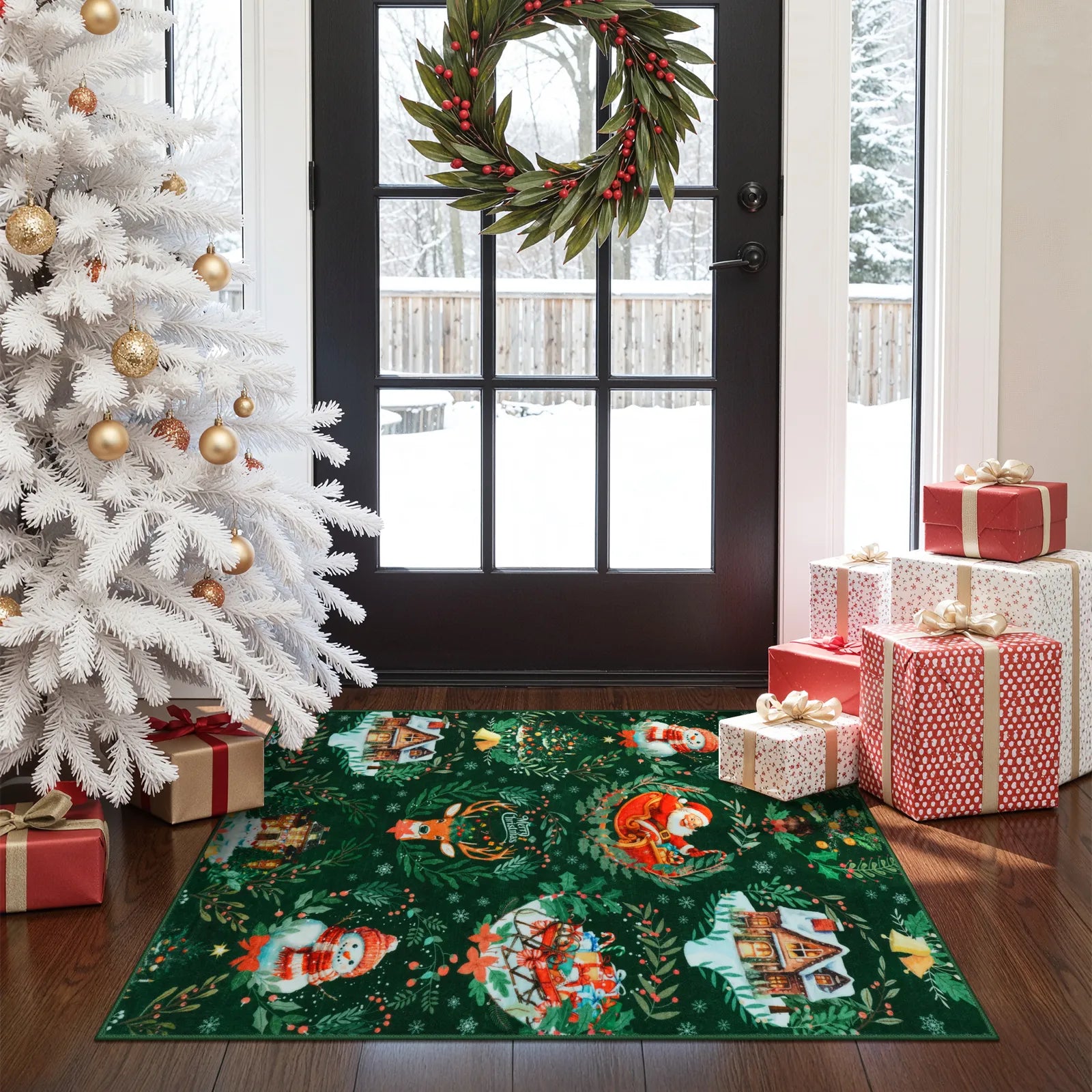 Laure Christmas Washable Garland Santa Sleigh Green Rug Runner Rugs Lahome