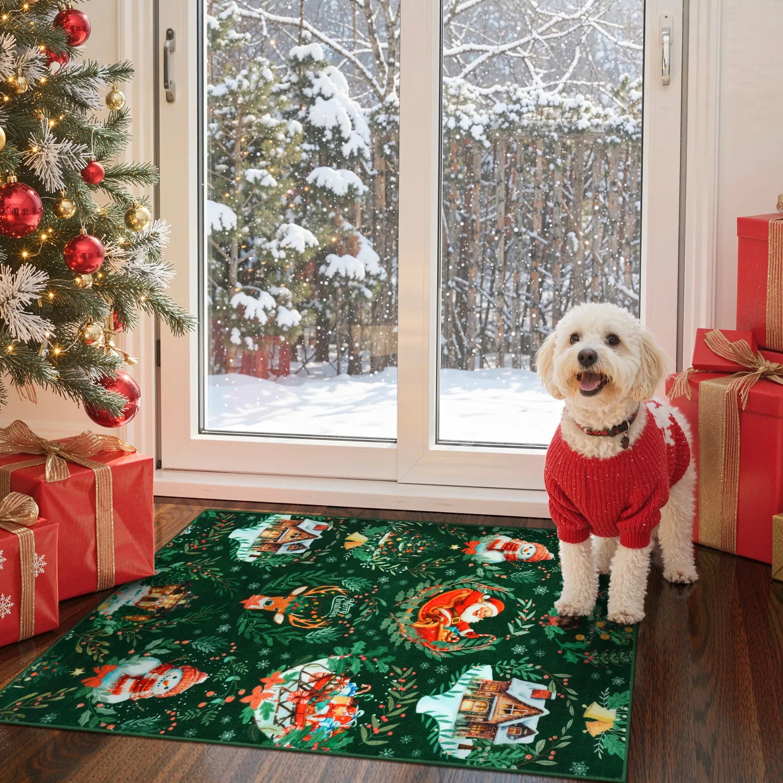 Laure Christmas Washable Garland Santa Sleigh Green Rug Runner Rugs Lahome 2' x 3'